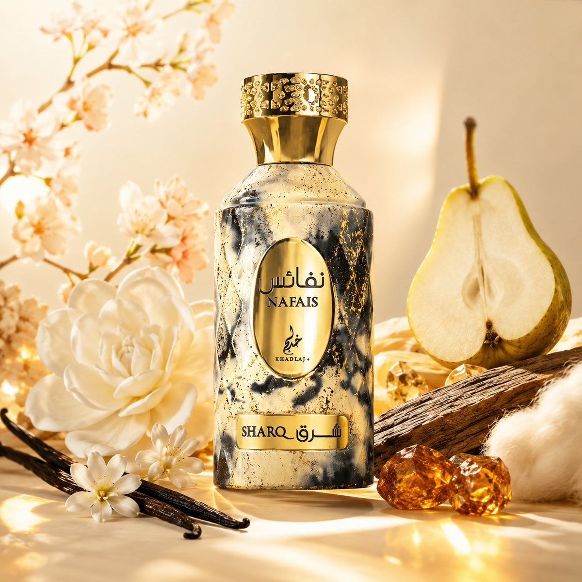 ARVOLA_SHOWCASE — Nafais Sharq, photo artistique (Gardénia, vanille, fleurs d'abricotier, bois blanc, poire, freesia, ambre, musc, vanille)