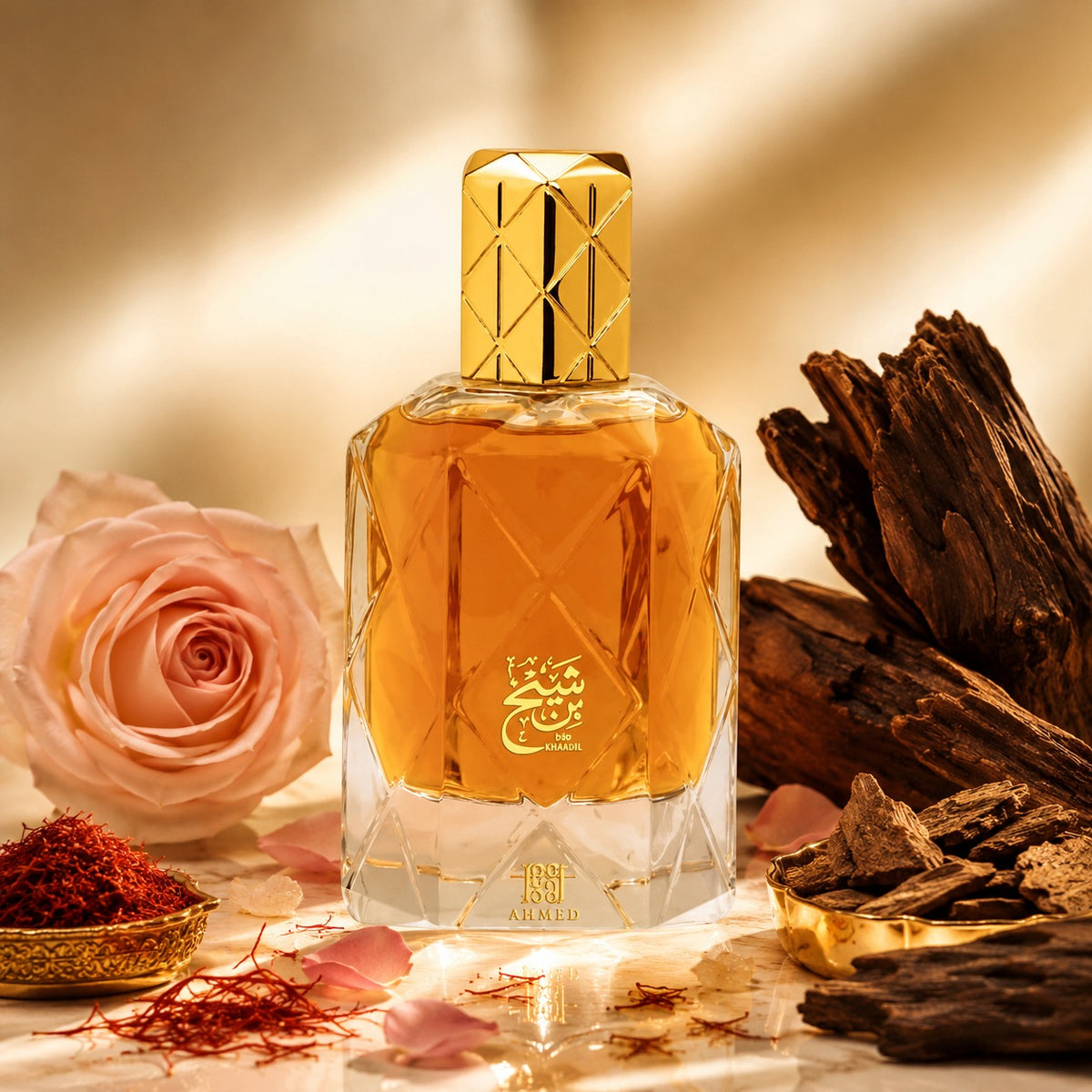 ARVOLA_SHOWCASE — Bin Shaikh, photo artistique (Safran, Rose, Oud, Musc, Musc, Oud, Bois)