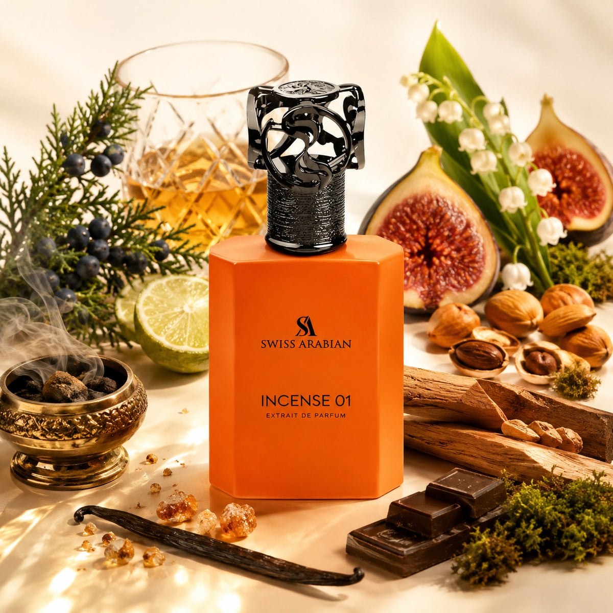 ARVOLA_SHOWCASE — Incense 01, photo artistique (Encens, Genévrier, Rhum, Bergamote, Figue, Muguet, Amande grillée, Noisette, Santal, Cèdre, Vanille, Chocolat noir, Mousse, Encens)