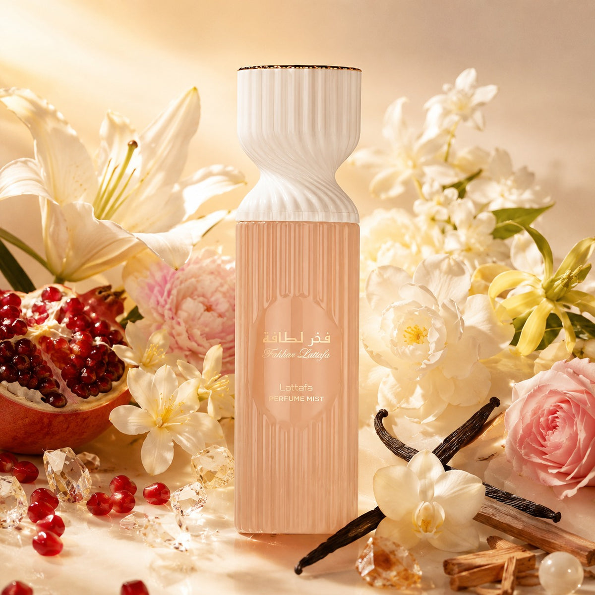 ARVOLA_SHOWCASE — Fakhar Women Mist, photo artistique (Fruits, Lys, Grenade, Aldéhydes, Tubéreuse, Jasmin, Gardénia, Ylang-ylang, Chèvrefeuille, Pivoine, Rose, Vanille, Ambroxan, Musc blanc, Bois de santal)