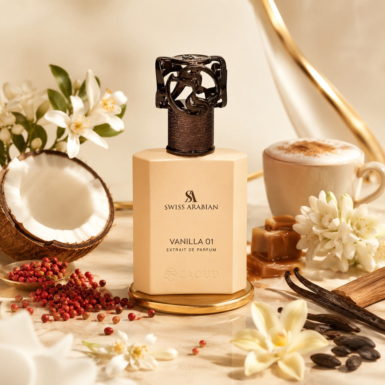 ARVOLA_SHOWCASE — Vanilla 01, photo artistique (Noix de Coco, fleur d’oranger et poivre rose, Cappuccino, caramel, tubéreuse et jasmin d’Inde, Vanille bourbon, bois de santal, musc et fève de tonka)