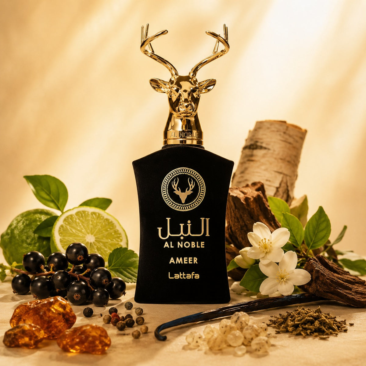 ARVOLA_SHOWCASE — Al Noble Ameer, photo artistique (Bergamote, Cassis, Notes épicées, Bouleau, Jasmin, Patchouli, Ambre, Musc, Vanille)