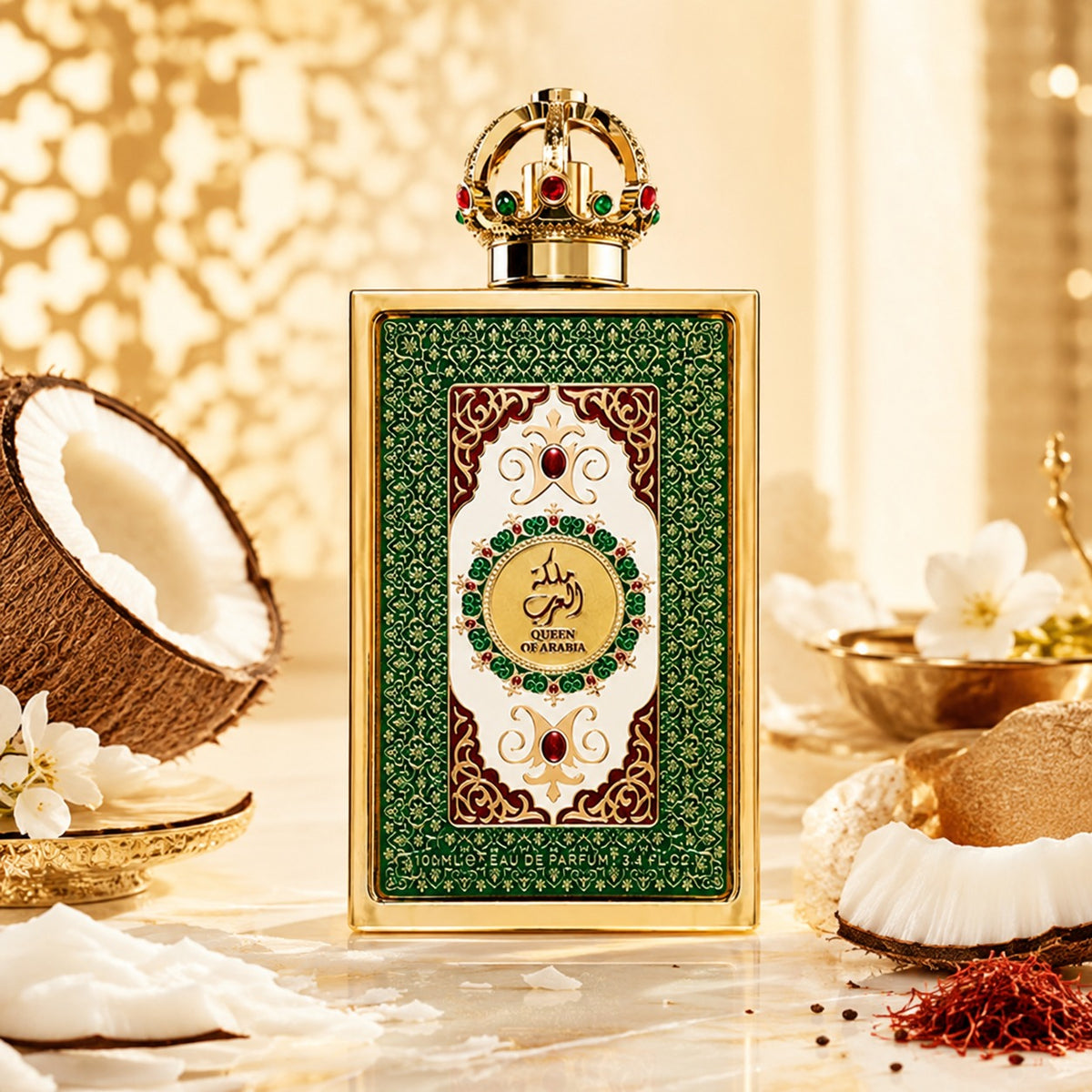 ARVOLA_SHOWCASE — Queen Of Arabia, photo artistique (fragrance sophistiquée qui capture l'essence du raffinement et de l'élégance orientale. Ce parfum de 100 ml est conçu pour ceux qui recherchent une signature olfactive unique et mémorable. La composition s