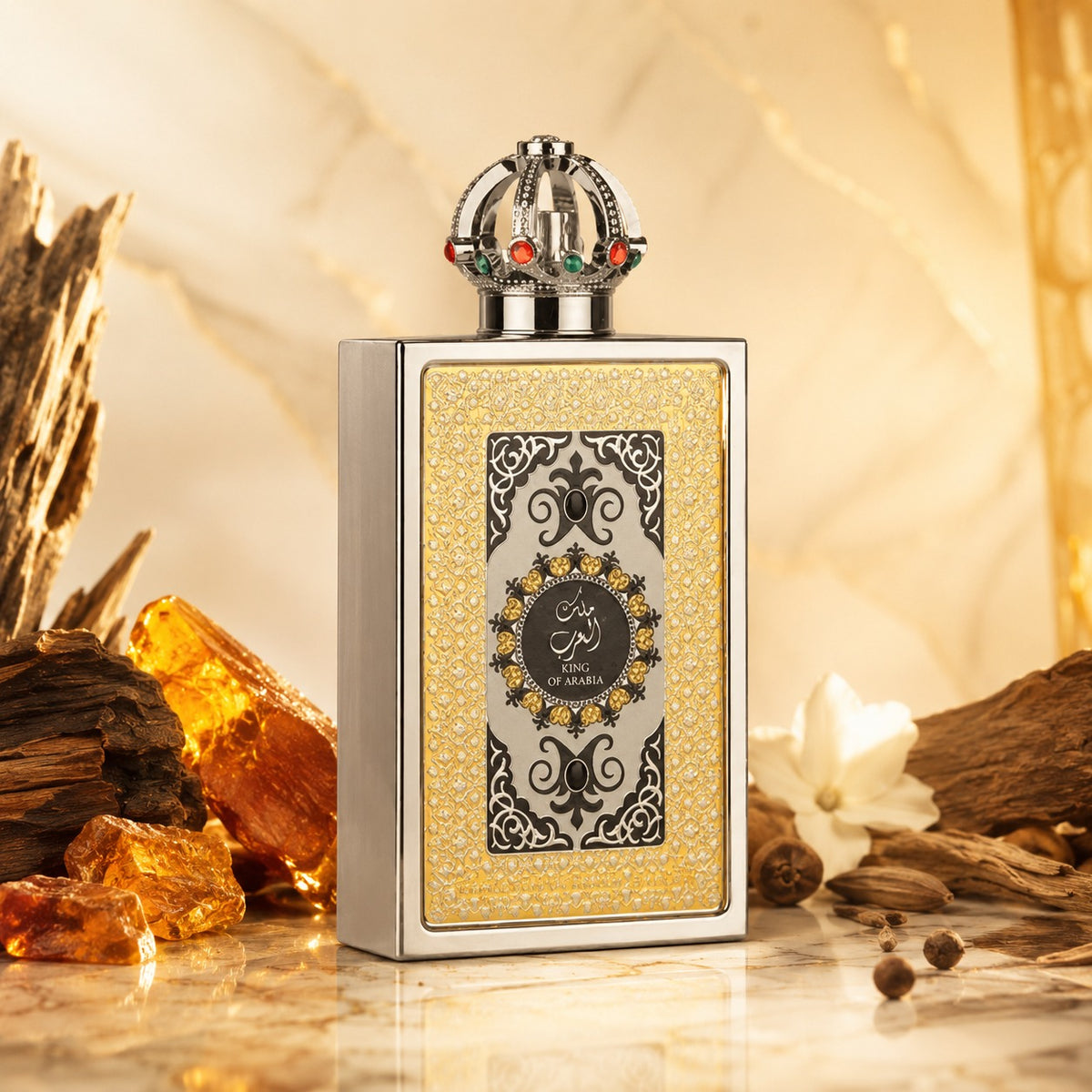 ARVOLA_SHOWCASE — King Of Arabia, photo artistique (fragrance envoûtante conçue pour l'homme moderne qui souhaite laisser une impression mémorable. Ce parfum de 100 ml est un mélange sophistiqué de notes orientales et boisées qui exude une élégance intempore