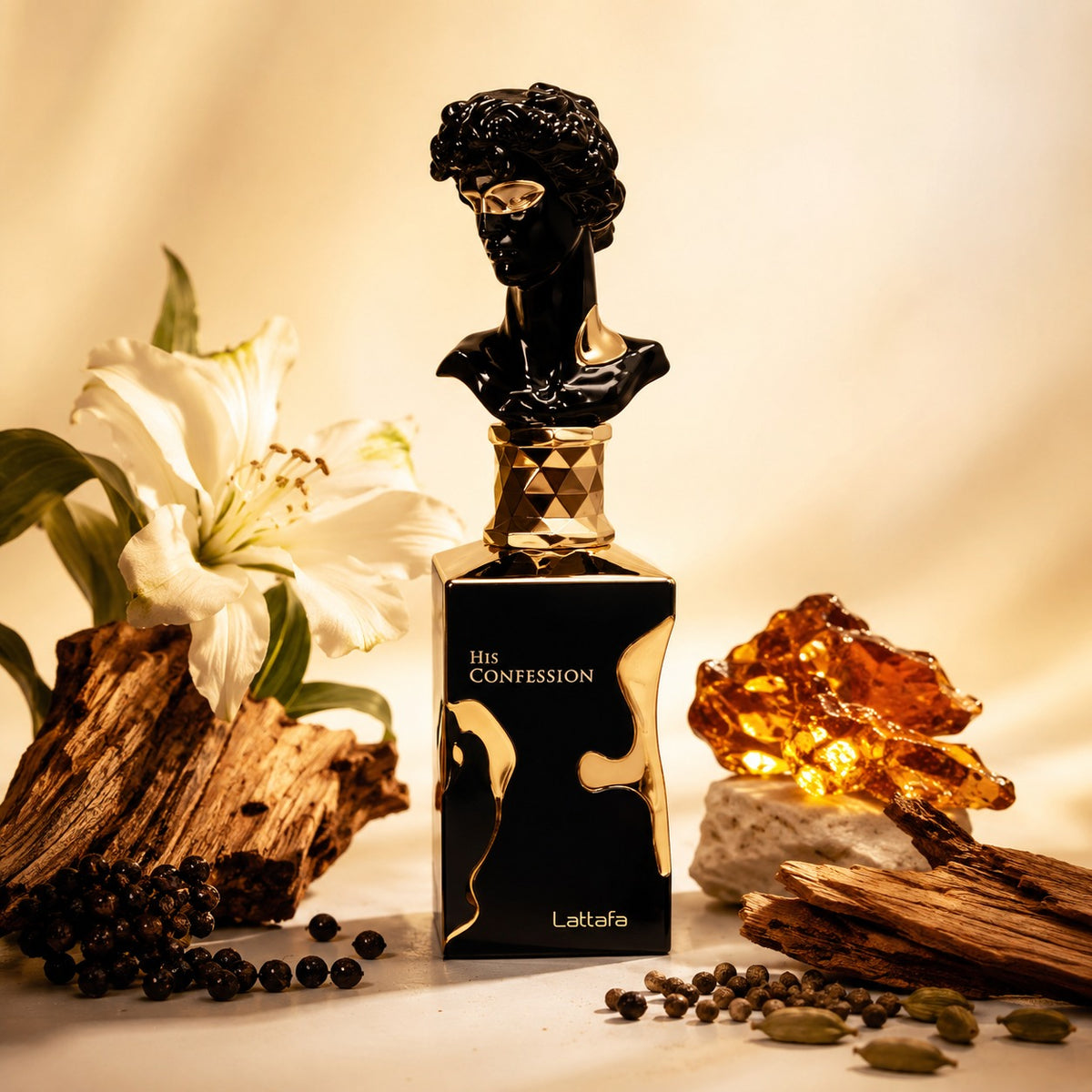 ARVOLA_SHOWCASE — His Confession, photo artistique (fragrance captivante qui incarne l'élégance et le mystère. Ce parfum prestigieux se présente dans un flacon raffiné de 100 ml, idéal pour accompagner l'homme moderne dans toutes ses aventures quotidiennes. 