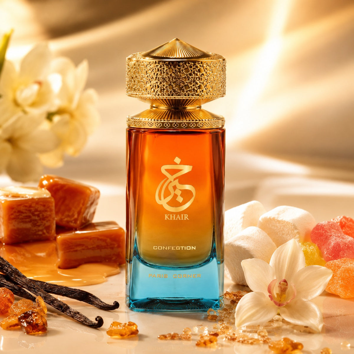 ARVOLA_SHOWCASE — Khair Confection, photo artistique (accord sucré et enveloppant, évoquant l’univers de la confiserie, tout en conservant une allure raffinée et moderne. Pensé pour un usage quotidien comme pour les occasions spéciales, ce parfum offre une p