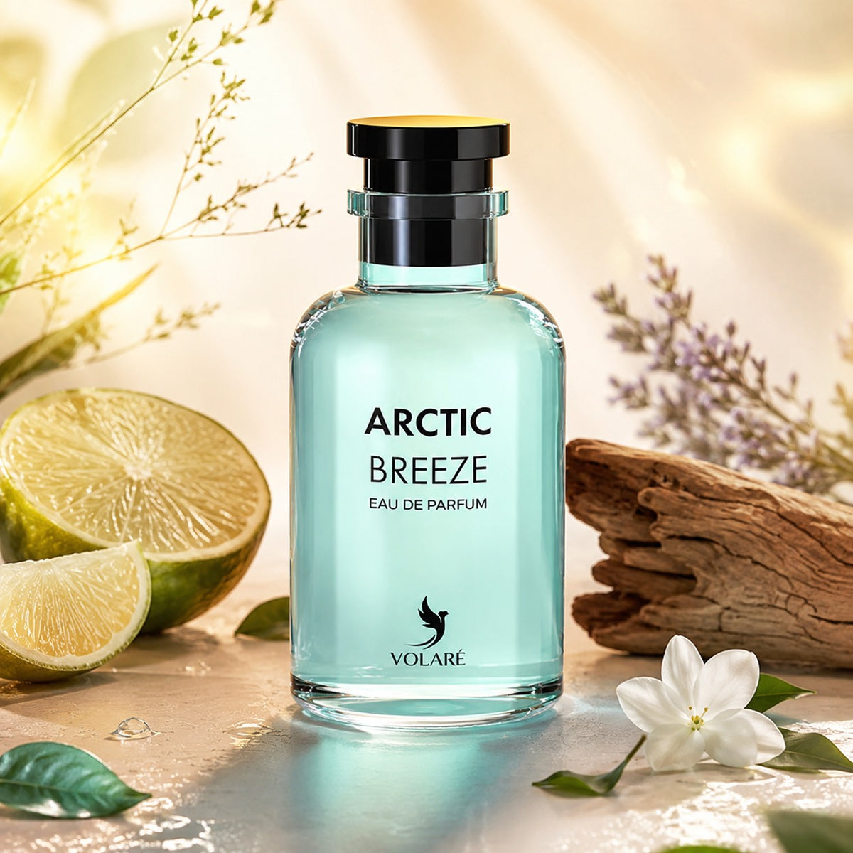 ARVOLA_SHOWCASE — Arctic Breeze, photo artistique (Volare Arctic Breeze est une eau de parfum de 100 ml qui évoque la sensation d’un souffle frais et vivifiant. Sa composition olfactive, résolument moderne, s’ouvre sur des accents lumineux et aériens, puis é