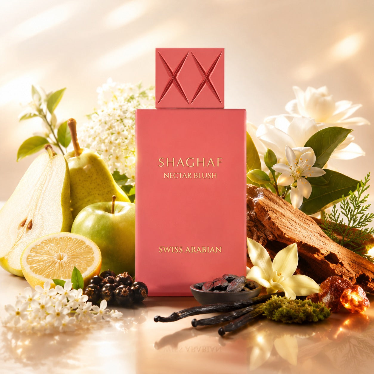 ARVOLA_SHOWCASE — Shaghaf Nectar Blush, photo artistique (Poire Williams, yuzu, cassis, néroli, pomme, fleur de sureau, Notes aquatiques, gardénia, fleur d’oranger, magnolia, cèdre, Patchouli, vanille, musc, fève de tonka, baumier du Pérou)