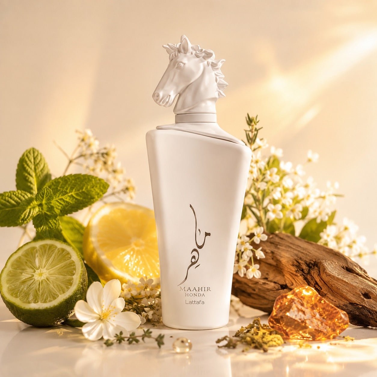 ARVOLA_SHOWCASE — Maahir Honor, photo artistique (Menthe, Bergamote, Citron, Thym, Fleur de Moringa, Jasmin, Romarin, Cèdre, Musc, Ambre Profil olfactif complet Cette fragrance hespéridée aux accents floraux )