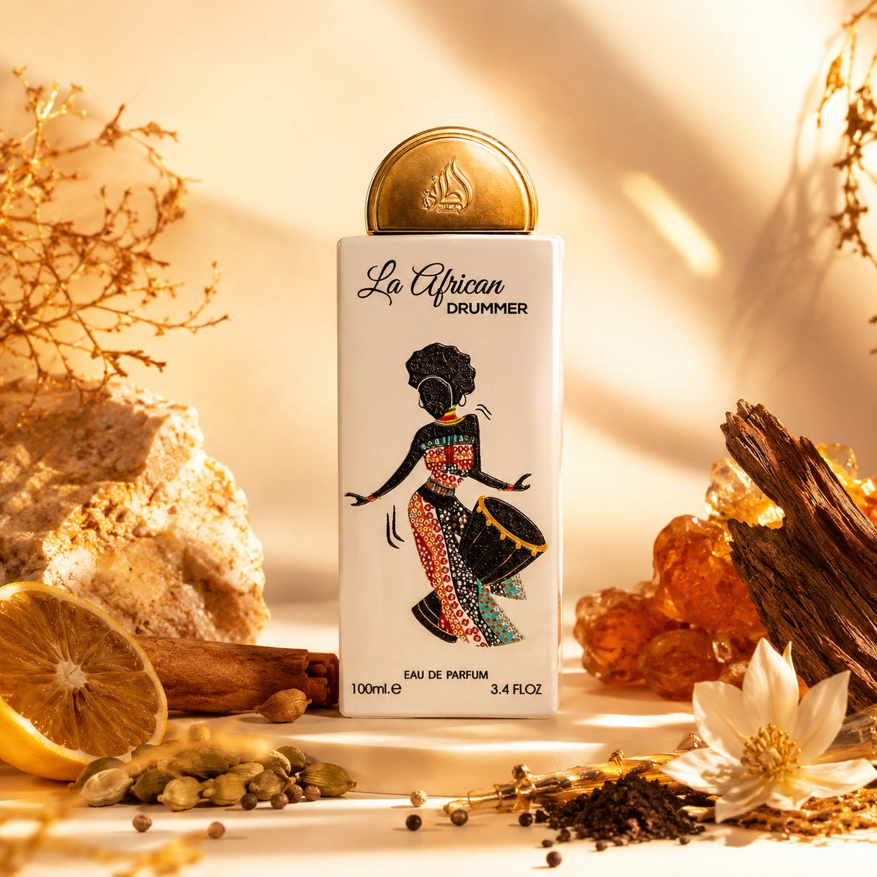 ARVOLA_SHOWCASE — La African Drummer, photo artistique (accords chauds et épicés, sublimés par des facettes boisées et ambrées. Sa tenue remarquable et son sillage enveloppant en font un choix idéal pour les soirées, les occasions spéciales ou toute personne