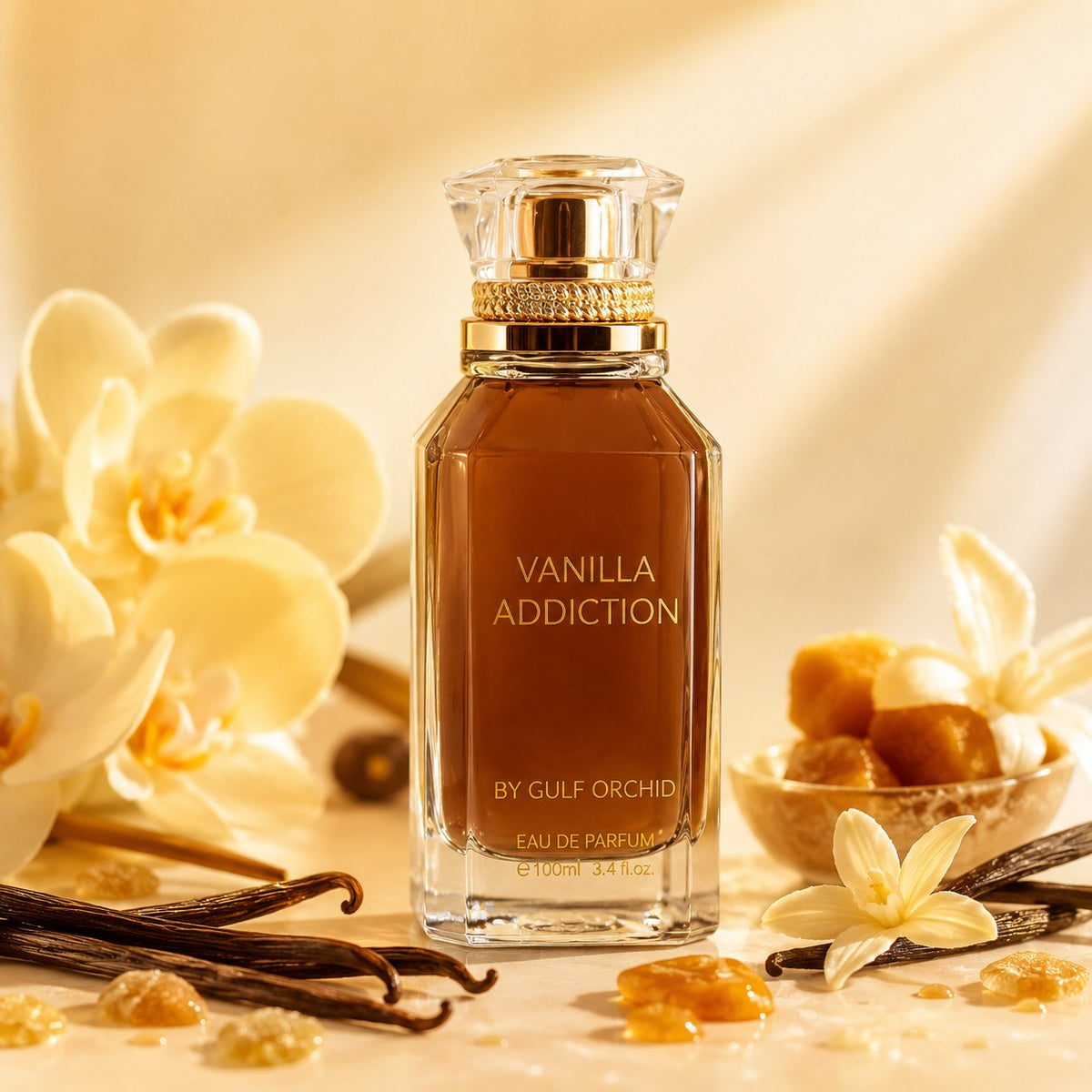 ARVOLA_SHOWCASE — Vanilla Addiction, photo artistique (fragrances douces et chaleureuses. Sa signature vanillée offre une sensation réconfortante et élégante, idéale au quotidien comme pour les occasions spéciales. Avec son format généreux, ce parfum s’impos