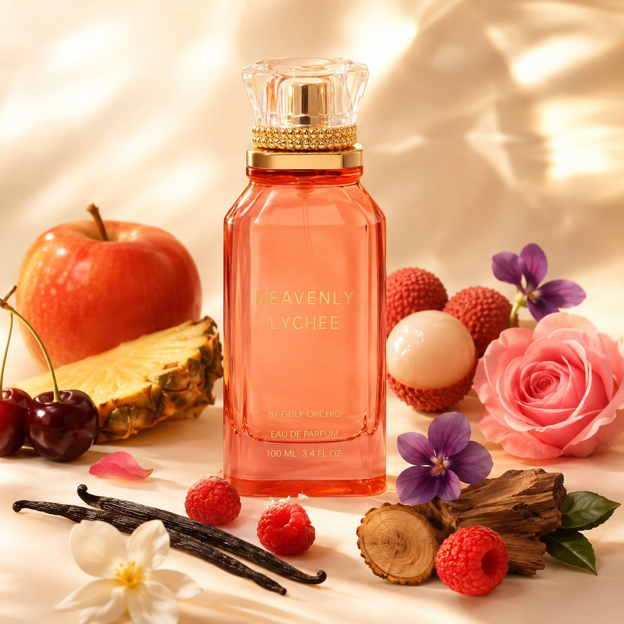 ARVOLA_SHOWCASE — Heavenly Lychee, photo artistique (Accord fruité, litchi, cerise, pomme, Violette, Rose, Ananas, Bois de cèdre, vanille, framboise, musc)