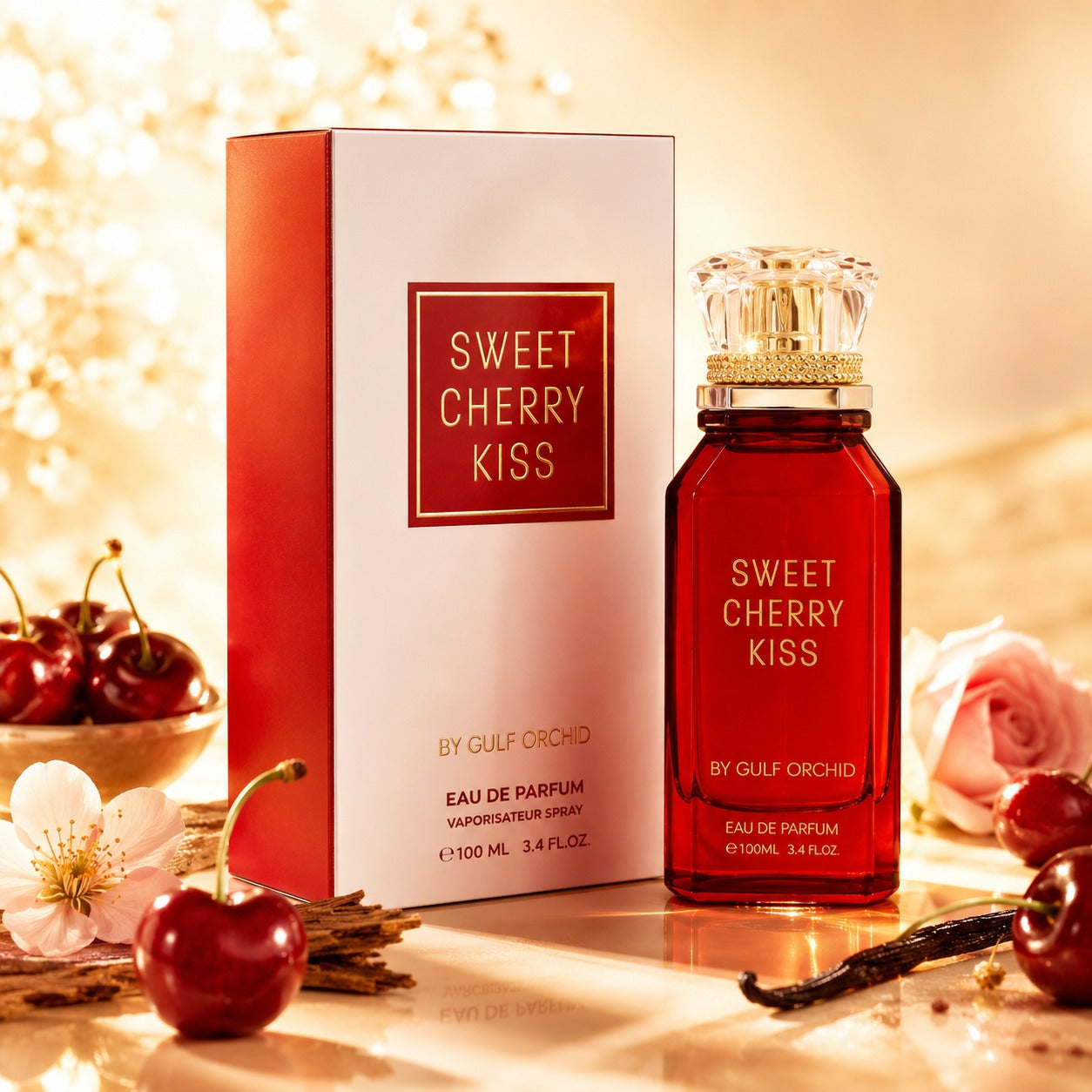 ARVOLA_SHOWCASE — Sweet Cherry Kiss, photo artistique (fragrance féminine qui séduit par son caractère gourmand et délicatement fruité. Son sillage évoque une note de cerise intense et lumineuse, relevée par une composition élégante qui apporte une sensation
