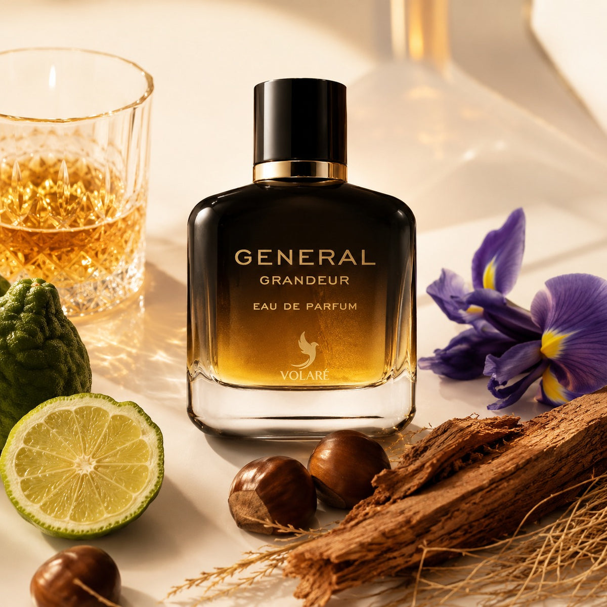 ARVOLA_SHOWCASE — General Grandeur, photo artistique (Bergamote, Absolu de whisky, Châtaigne, Iris, Cèdre, Vétiver)