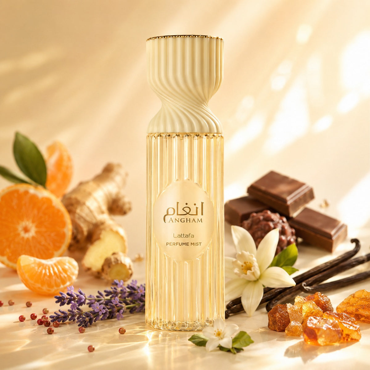 ARVOLA_SHOWCASE — Angham Mist, photo artistique (mandarine, gingembre, poivre rose, lavande, praline, cacao, jasmin, vanille, ambre, musc)
