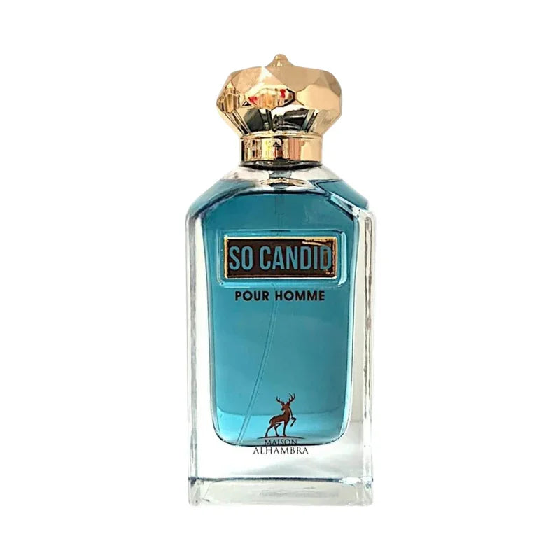 Parfum So Candid Pour Homme de Maison Alhambra dans un flacon bleu élégant.