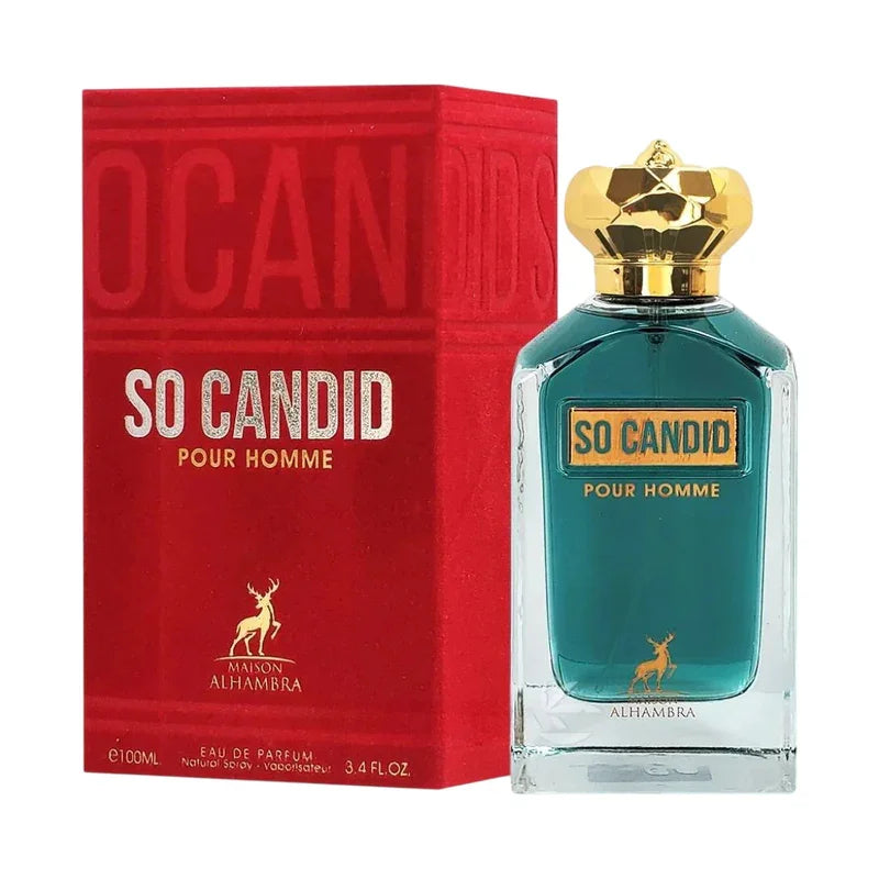 Parfum So Candid Pour Homme de Maison Alhambra, flacon bleu et boîte rouge élégante.