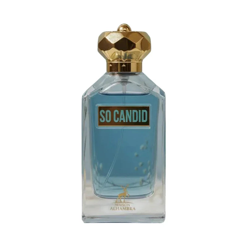 Parfum So Candid de Maison Alhambra dans un flacon en verre bleu avec bouchon doré