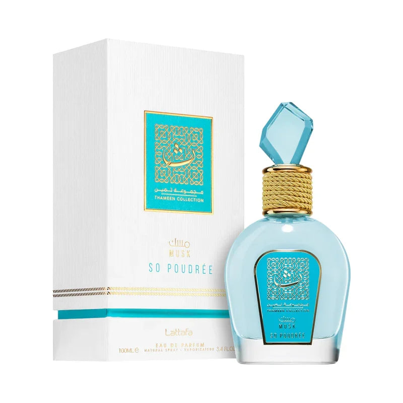 Flacon et boîte du parfum Lattafa Musk So Poudrée, eau de parfum bleu clair