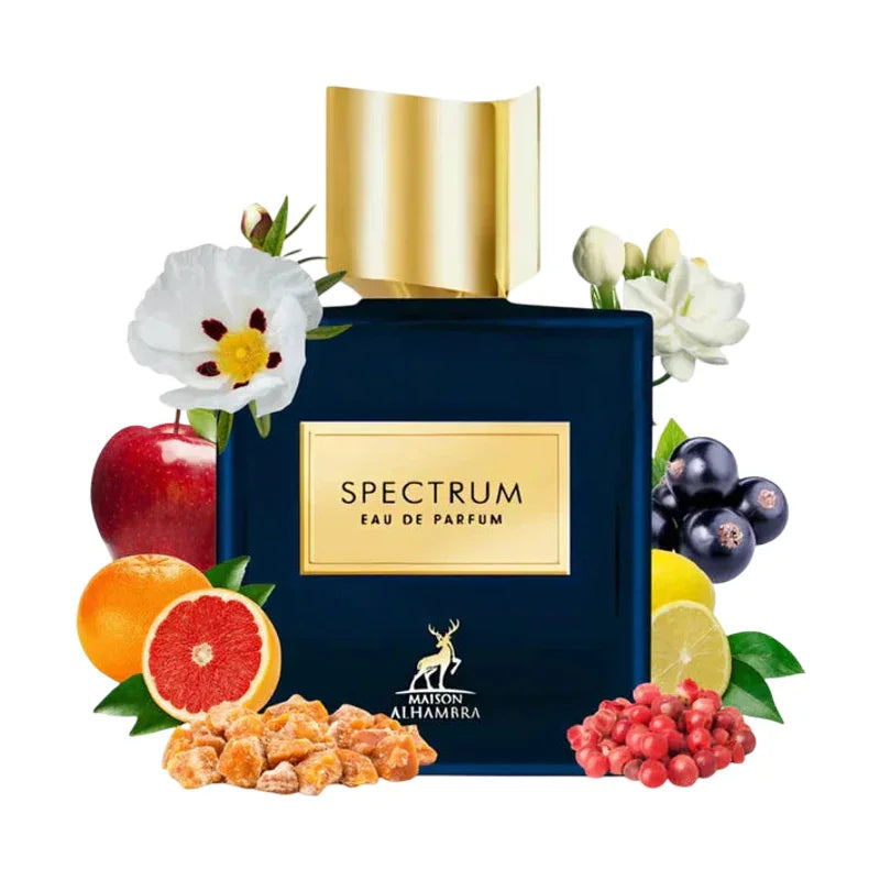 Parfum Spectrum Eau de Parfum Maison Alhambra entouré de fleurs, agrumes et baies.