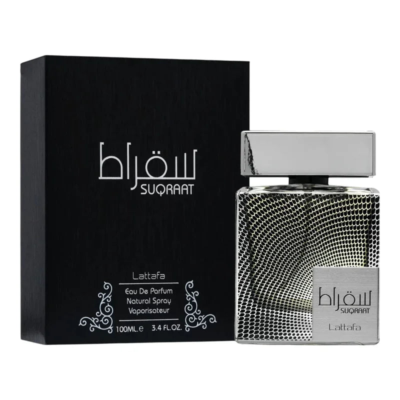 Parfum Lattafa Suqraat Eau de Parfum 100ml, flacon élégant avec boîte noire, vaporisateur luxe