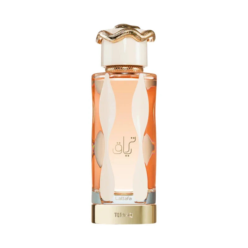 Flacon de parfum élégant avec design ondulé et bouchon doré, teinte rose pâle