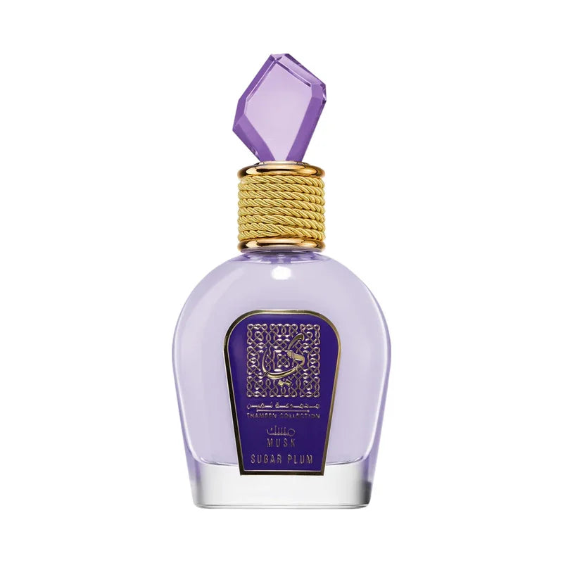Parfum Musk Sugar Plum, flacon violet avec bouchon en cristal et détails dorés, collection Thameen