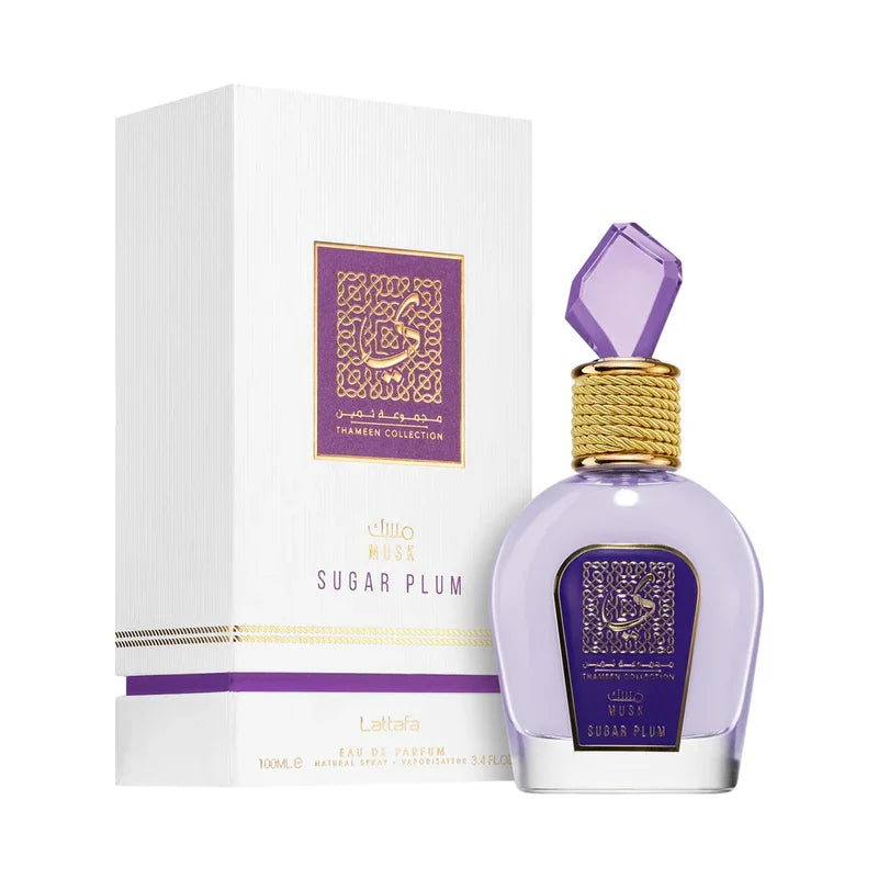 Parfum Musk Sugar Plum Lattafa, flacon violet et boîte élégante, collection Thameen