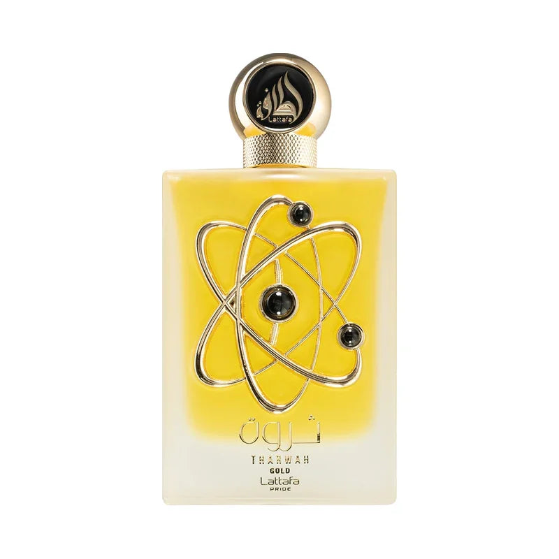 Parfum Tharwah Gold de Lattafa Pride dans un flacon élégant jaune et doré