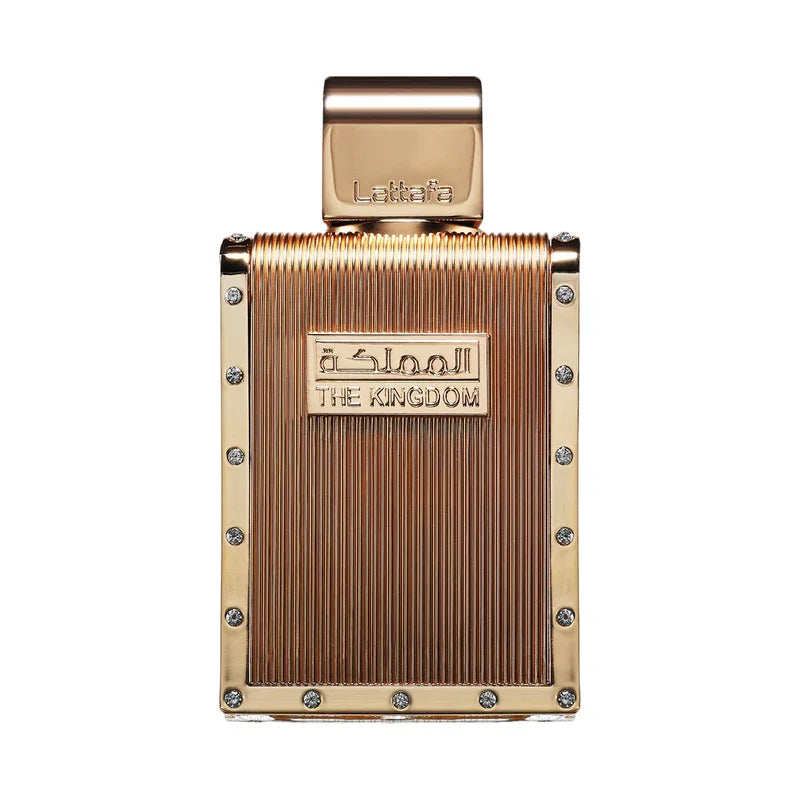 Parfum The Kingdom Lattafa en flacon doré texturé avec strass, luxe oriental