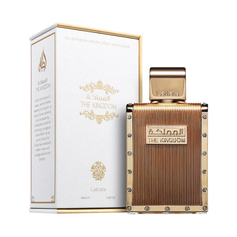 Parfum The Kingdom Lattafa en flacon doré avec boîte élégante, eau de parfum 100ml
