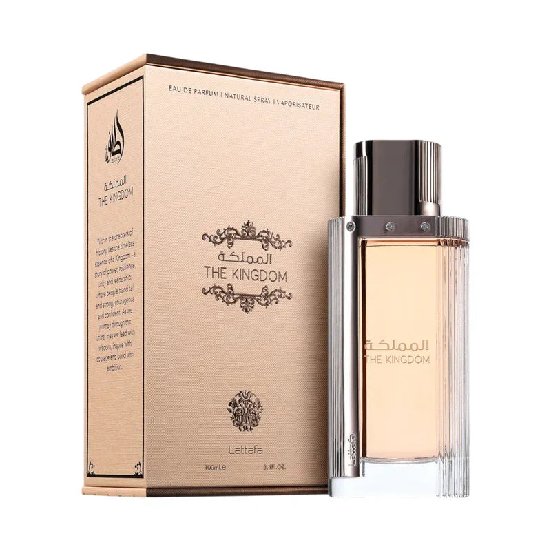 Eau de parfum The Kingdom par Lattafa, flacon élégant avec boîte dorée, parfum oriental luxueux