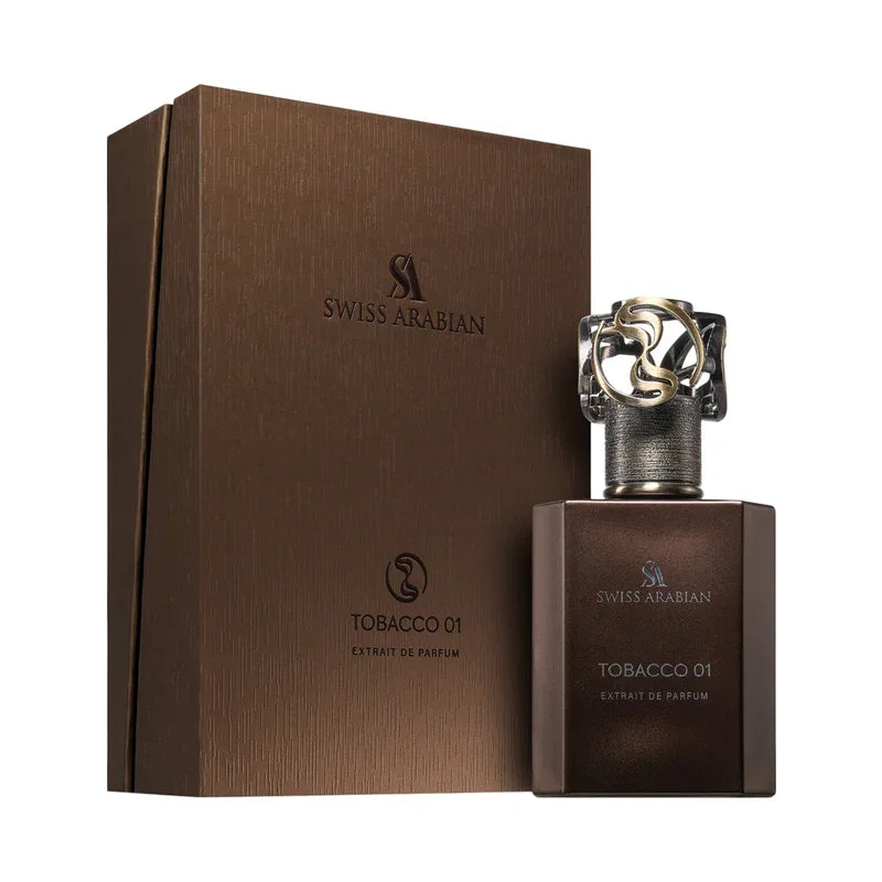 Extrait de parfum Tobacco 01 Swiss Arabian avec son élégant flacon et coffret marron