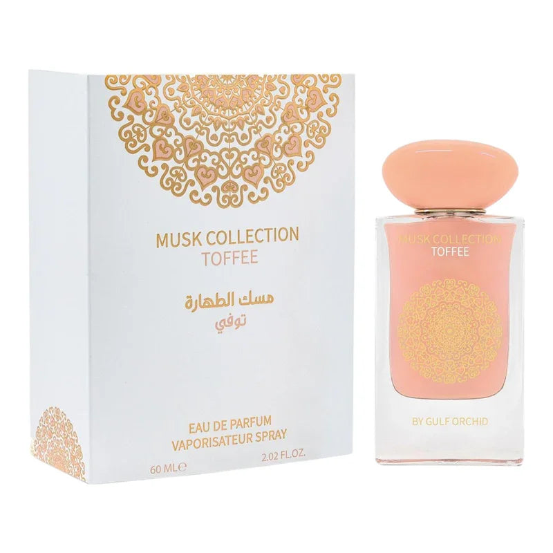 Eau de parfum Musk Collection Toffee par Gulf Orchid, flacon rose pâle et boîte décorée, 60ml