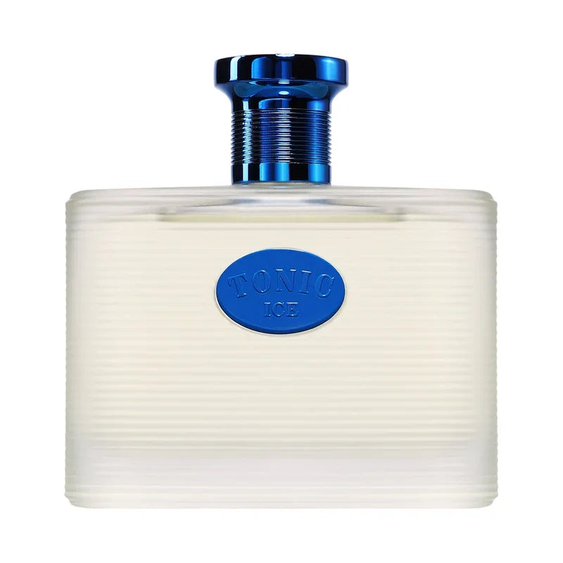 Parfum Tonic Ice dans un flacon en verre givré avec bouchon bleu brillant