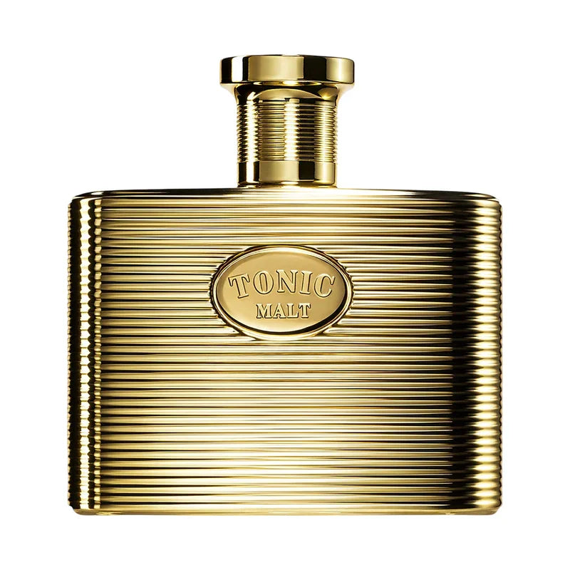 Flacon doré Tonic Malt avec finition rayée et bouchon élégant, parfum de luxe