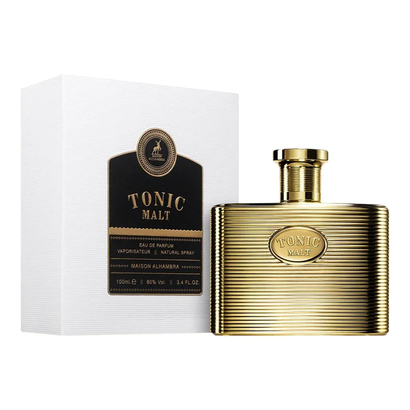 Flacon doré Tonic Malt Eau de Parfum avec boîte blanche, parfum luxueux pour homme