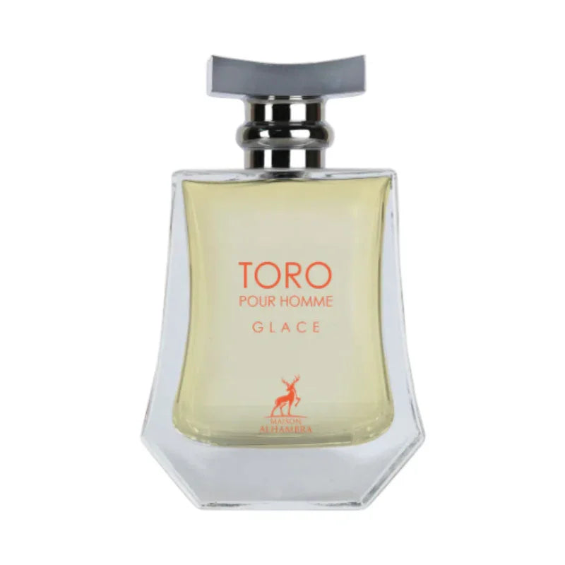 Parfum Toro Pour Homme Glace, flacon élégant avec liquide doré et bouchon métallique