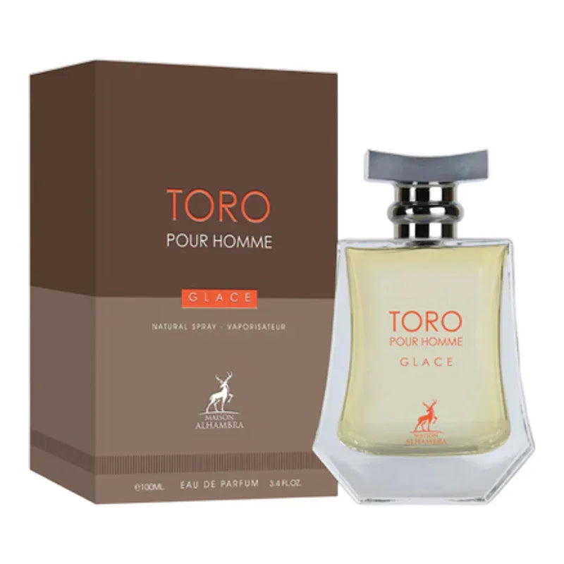 Toro Pour Homme Glace Eau de Parfum 100ml, flacon transparent avec boîte marron, parfum homme élégant