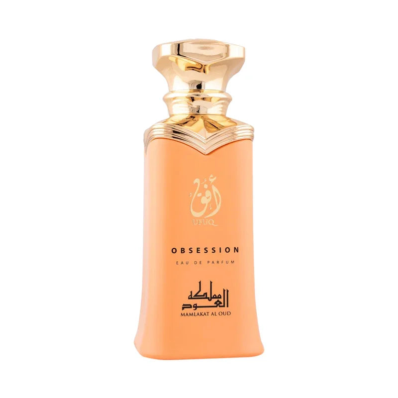 Flacon de parfum Obsession de Mamlakat Al Oud, eau de parfum orange et doré.
