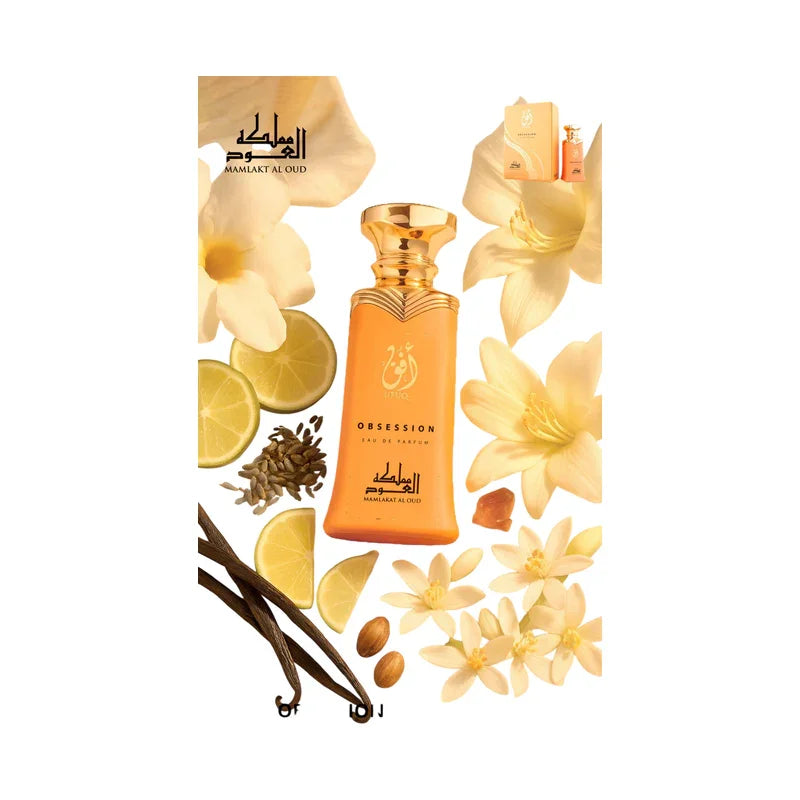 Parfum Obsession de Mamlakat Al Oud entouré de fleurs blanches, citron et vanille.