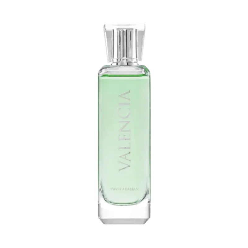 Eau de parfum Valencia, flacon vert clair avec capuchon argenté, parfum suisse-arabe