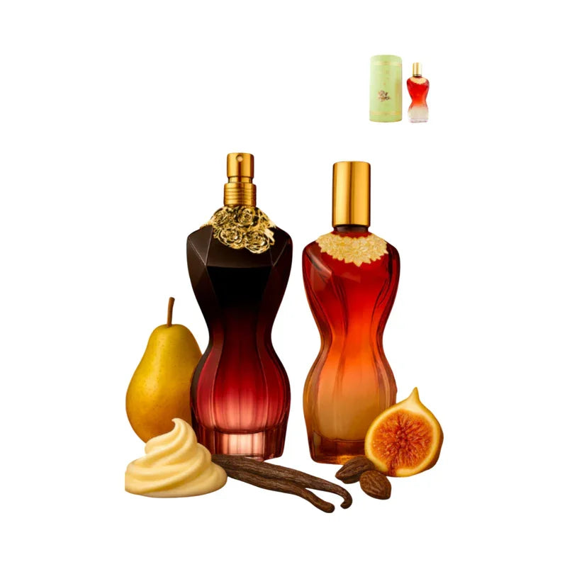 Flacons de parfum ambrés entourés de poire, figue, vanille et crème gourmande.