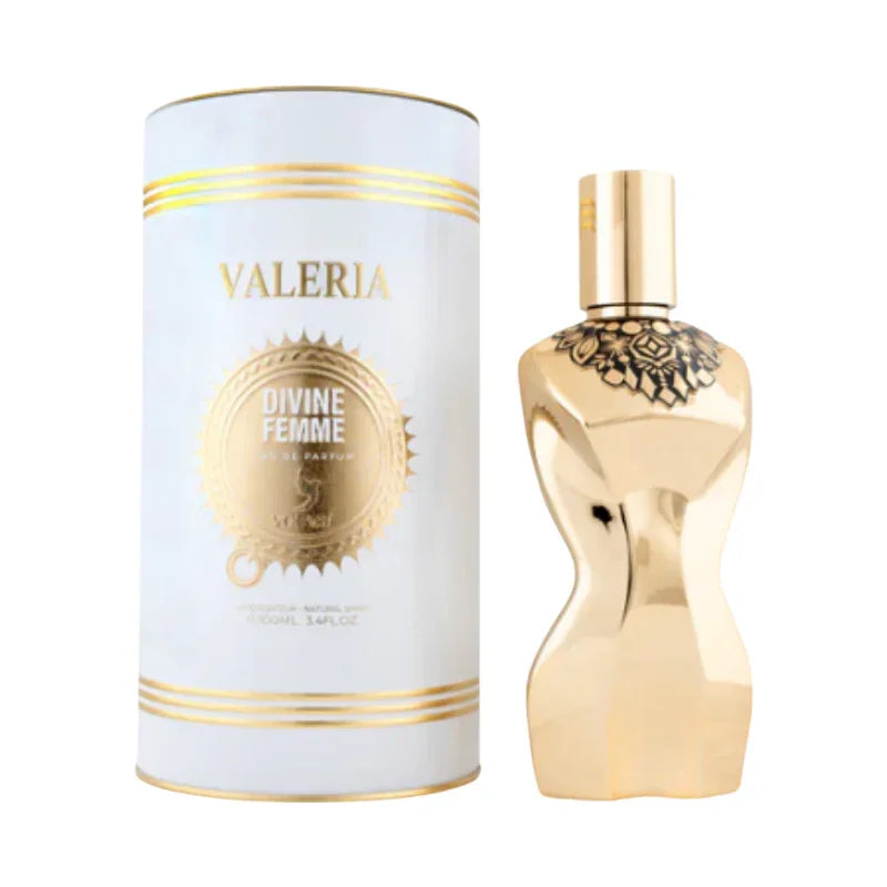 Parfum Divine Femme de Valeria dans son coffret blanc et doré élégant