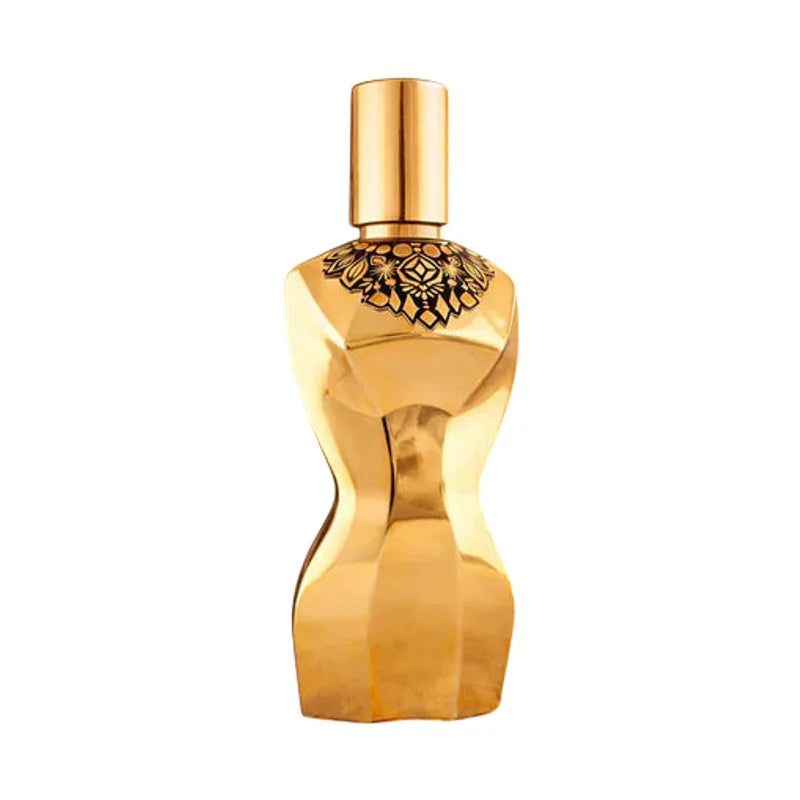 Flacon de parfum doré élégant avec des motifs ornementaux noirs