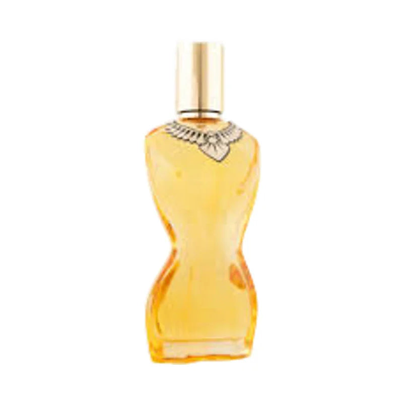 Flacon de parfum ambré avec bouchon doré et détail argenté ornemental
