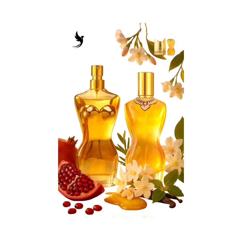 Parfums ambrés dans des flacons dorés entourés de grenades et de fleurs blanches.