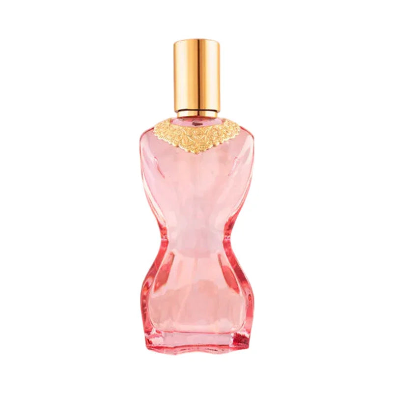 Flacon de parfum rose élégant avec bouchon doré et détails ciselés