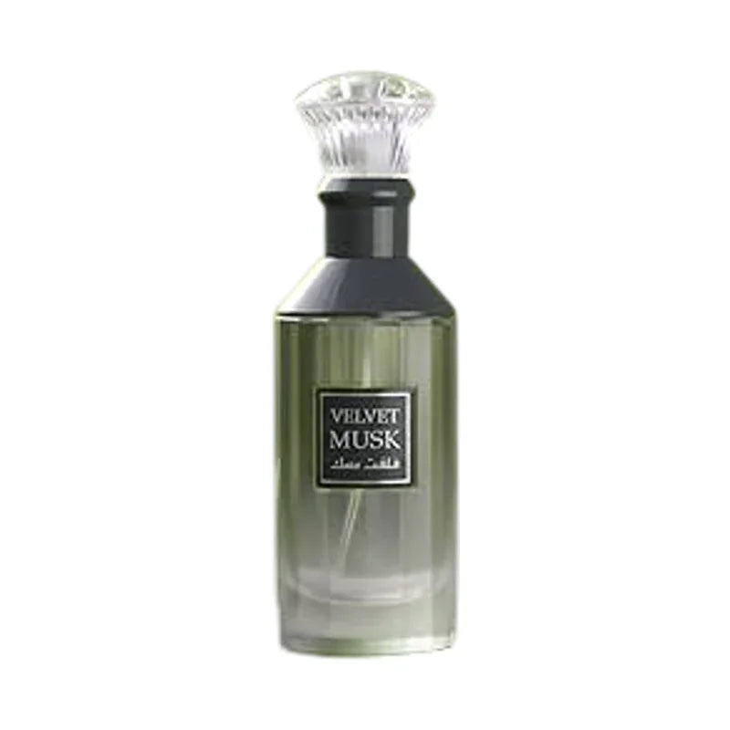 Flacon de parfum Velvet Musk dans un verre teinté vert avec bouchon cristallin