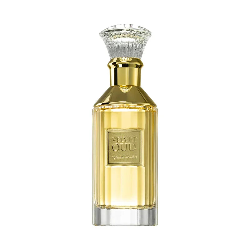 Flacon Velvet Oud parfum luxe doré avec bouchon cristal, eau de parfum féminin élégant